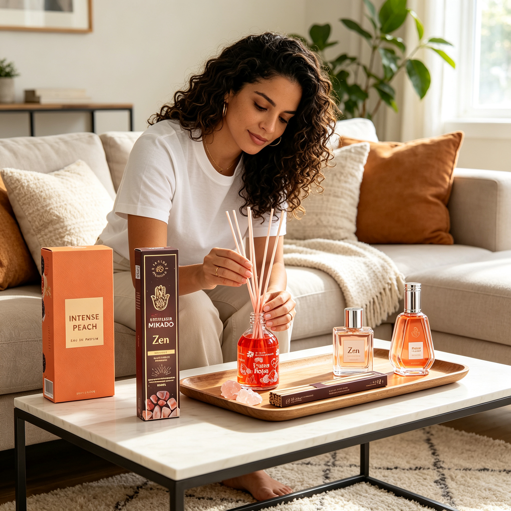 Set de Aromas del Hogar - Mikado Frutos Rojos + Incienso Zen + Eau de Parfum Intense Peach