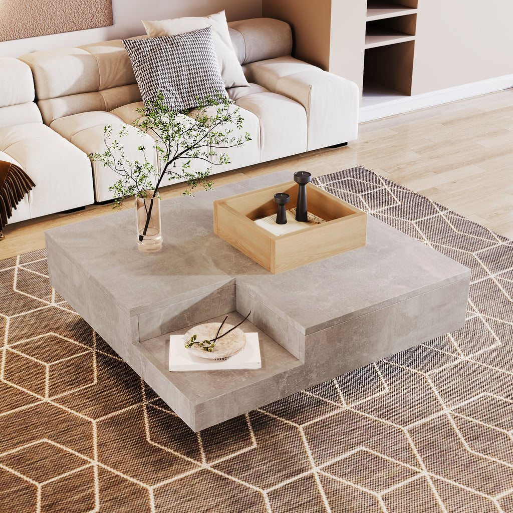 Mesita de centro para el salón, mesita lateral con caja de almacenamiento desmontable, color gris betón y color madera, 72*72*30 cm.