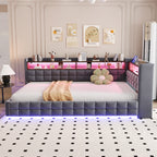 Sofa cama poltrona multifuncional 90 × 200 cm, con espacio de almacenamiento hidráulico, estante de madera, tira de luz LED, toma de corriente, conectores de carga USB y Type-C, soporte de armazón de madera, material de terciopelo gris oscuro
