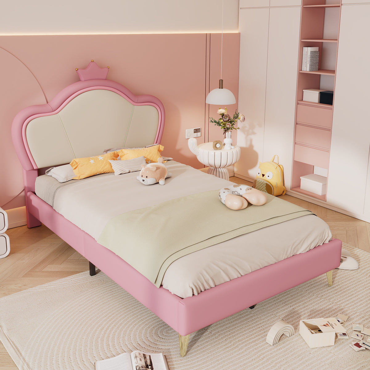 Cama de Colchón, Cama para Niños, con Bordes Suaves de Protección, Parte Superior de la Cama con Corona, Patas de la Cama de Metal, Perfil Elegante de la Parte Superior de la Cama de Colchón, Cama Individual, PU, Rosa + Blanco, 90x200cm