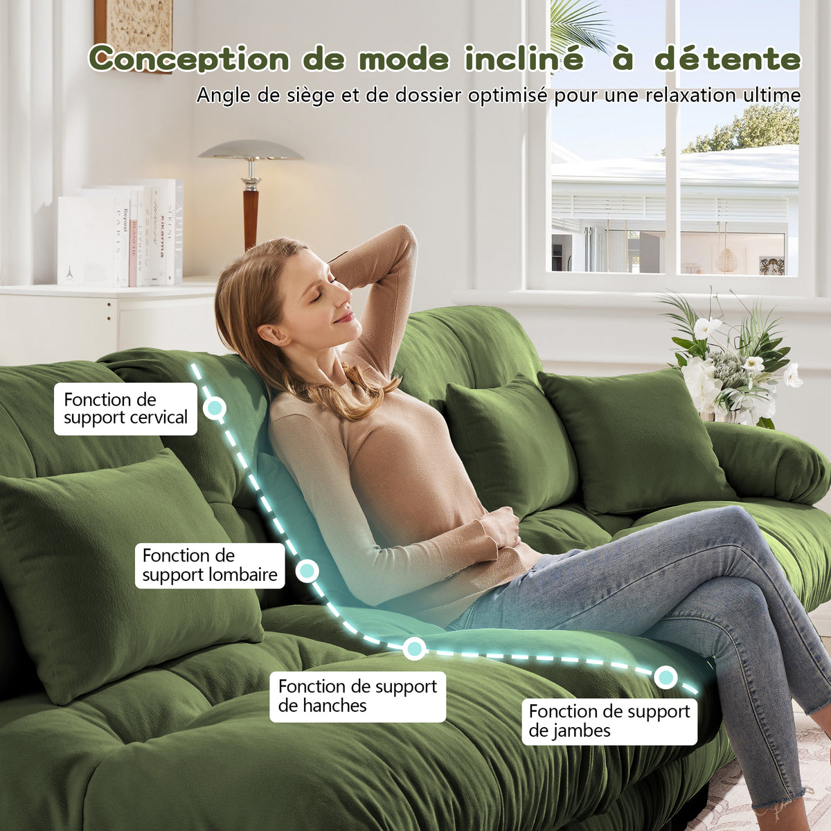 Sofá angular modular de 4 plazas con asiento profundo, sofá cama de chenille, cómodamente revestido para salón, apartamento, estudio, oficina, chenille verde