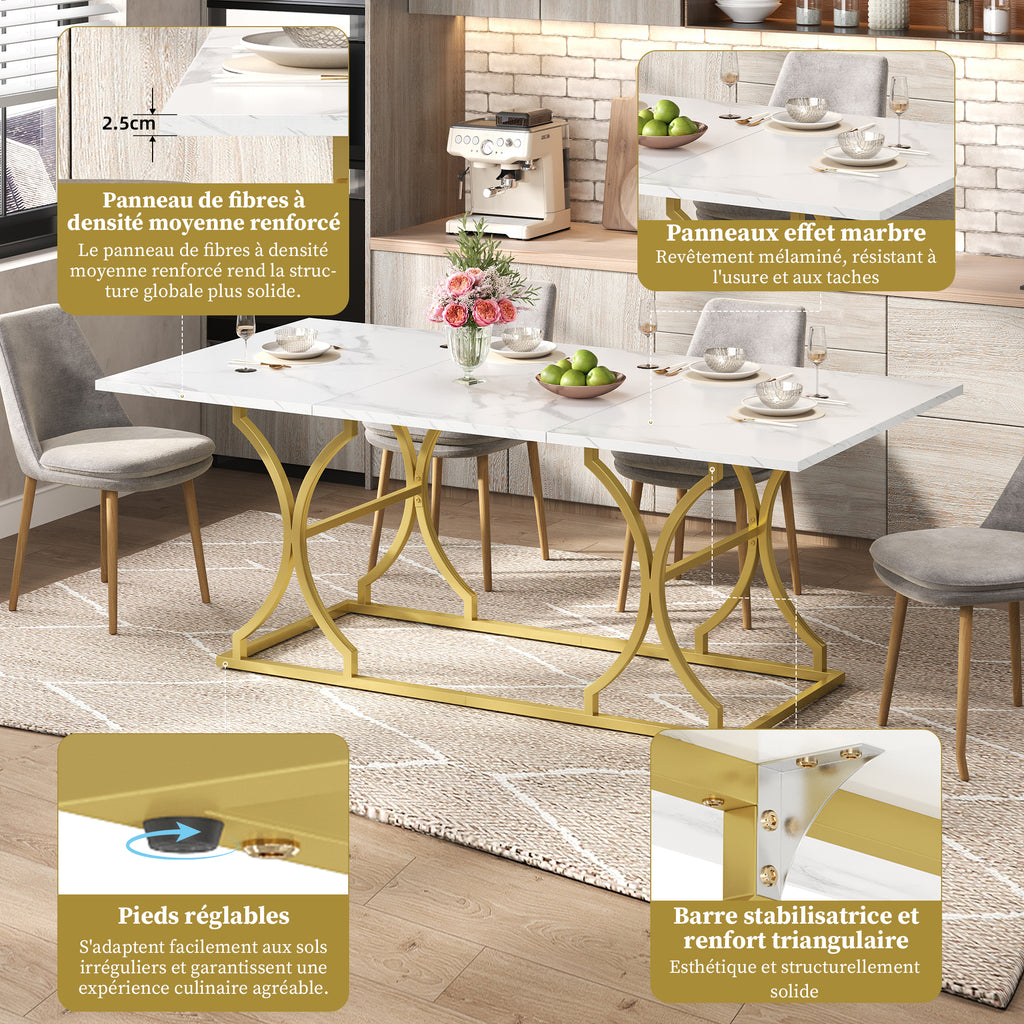 Mesa de comedor de 200×80cm, para 8–10 personas, diseño moderno en óptica de mármol, placa de mesa de 2,5 cm de espesor, resistente al agua y al arañazo, patas metálicas de color oro con correderas ajustables, adecuada para el salón y el comedor