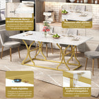 Mesa de comedor de 200×80cm, para 8–10 personas, diseño moderno en óptica de mármol, placa de mesa de 2,5 cm de espesor, resistente al agua y al arañazo, patas metálicas de color oro con correderas ajustables, adecuada para el salón y el comedor
