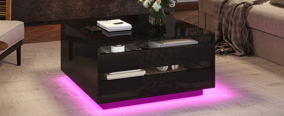 Mesón de salón de 70*70*38cm, Mesón de café elevador con tira de luz LED, Sofático con 1 cajón, Mesón auxiliar de alta brillantez con espacio de almacenamiento oculto y puertas con abertura superior, Negro
