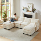 Sofa en U con espacio de almacenamiento, conjunto de sofás modular, compuesto por cuatro elementos de asiento y dos taburetes, sofá moderno con cojines y cojines de brazos, tapizado de chenille, armazón de madera sólida
