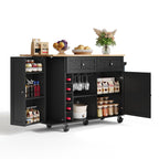Isla de cocina con placa de trabajo plegable, equipada con 5 ruedas con cierre, armario, estante para vinos y soporte para vasos, negro, 120 x 45(70) x 89 cm