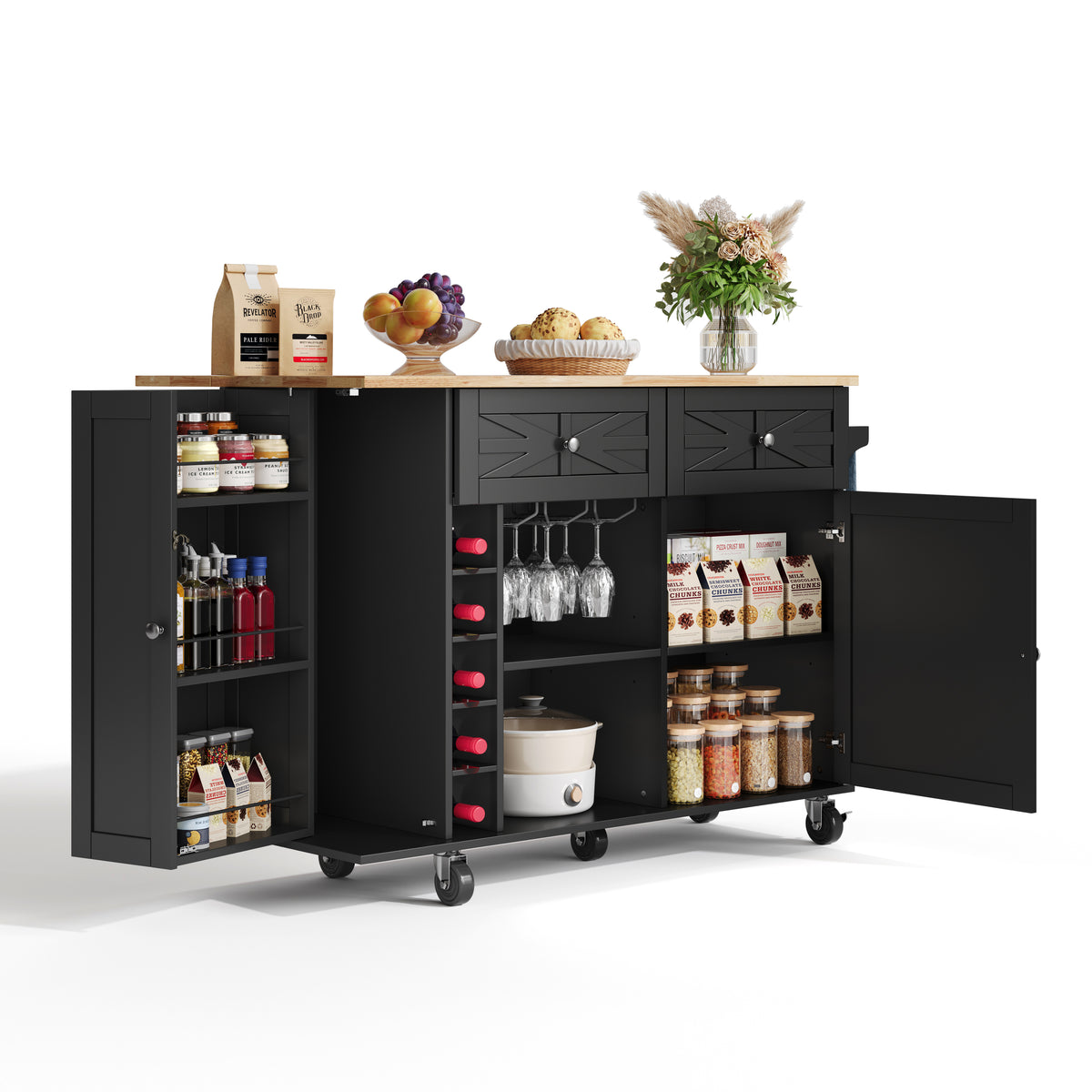 Isla de cocina con placa de trabajo plegable, equipada con 5 ruedas con cierre, armario, estante para vinos y soporte para vasos, negro, 120 x 45(70) x 89 cm