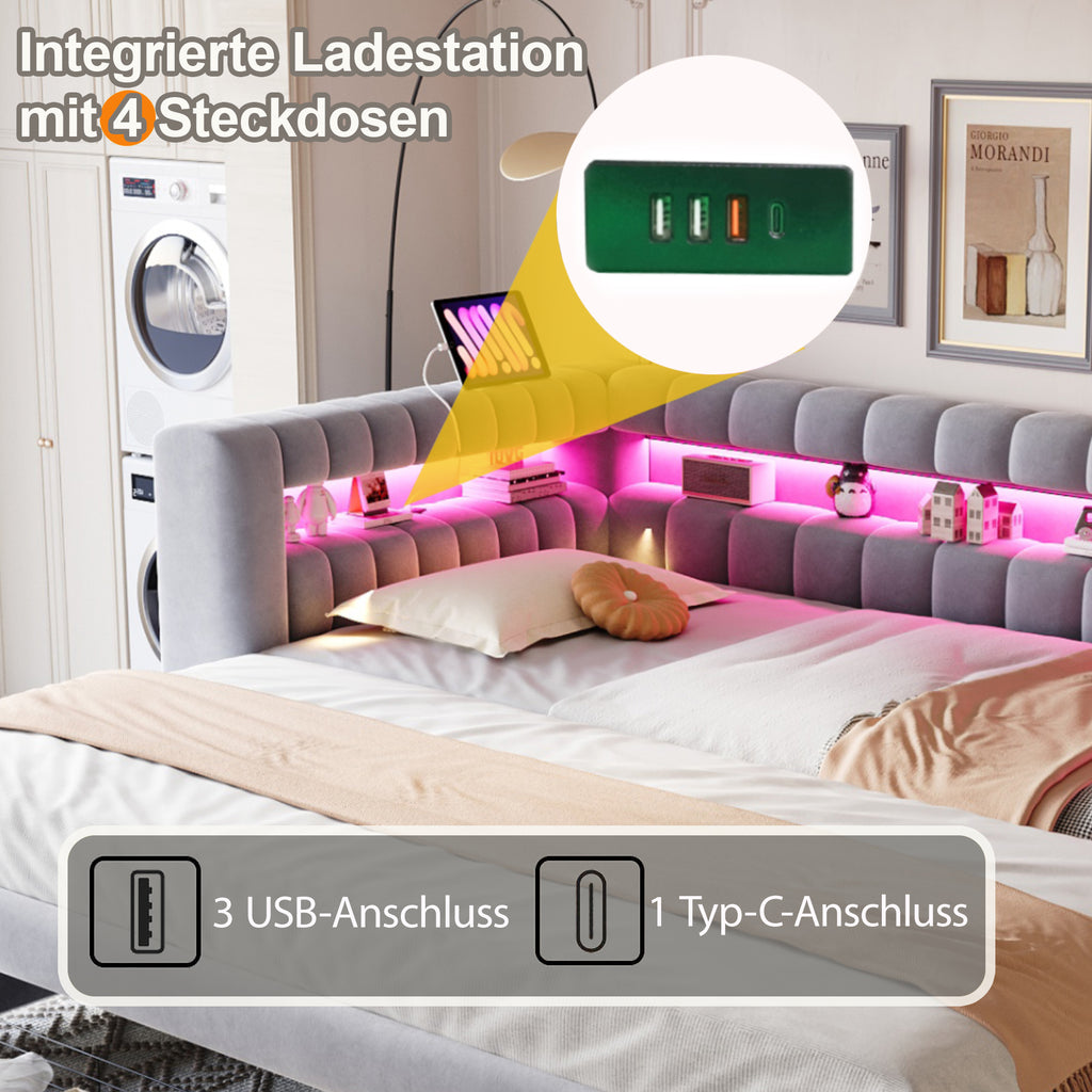 Sofá cama con cojines 90/180 × 190 cm, con cama extraíble y cajones, estantes integrados, iluminación LED, conectores USB y Typ-C, tela de seda gris claro