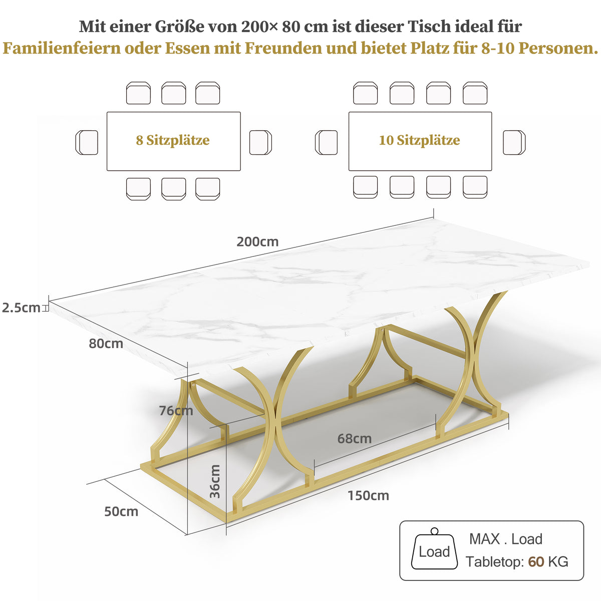 Mesa de comedor de 200×80cm, para 8–10 personas, diseño moderno en óptica de mármol, placa de mesa de 2,5 cm de espesor, resistente al agua y al arañazo, patas metálicas de color oro con correderas ajustables, adecuada para el salón y el comedor