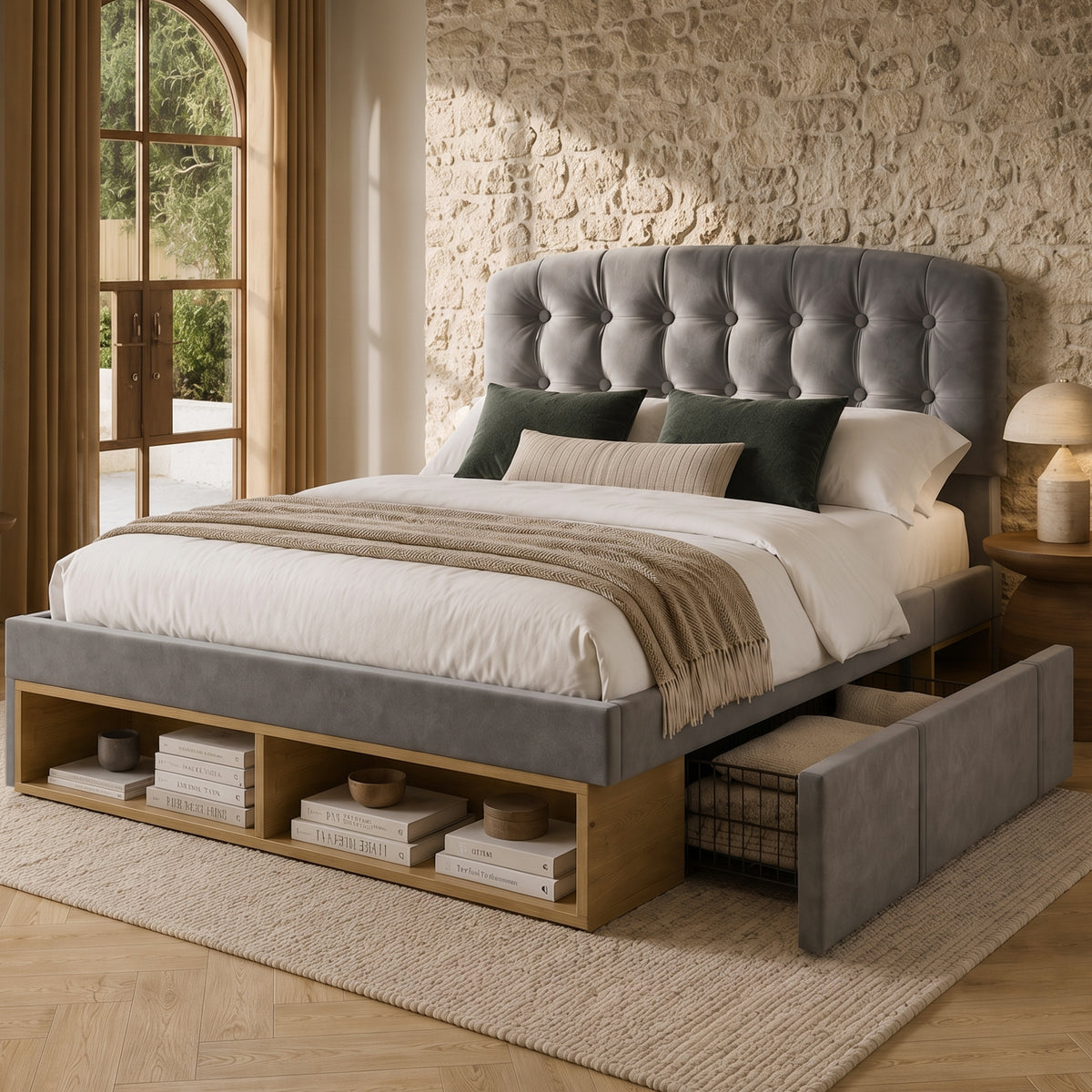 Cama Doble 140x190 cm de Lana Gris con Cajones y Cabecero Regulable – Sin Colchón