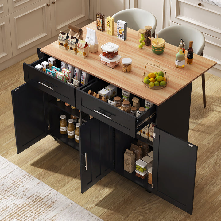 129x46(71)x91,5cm Esstischwagen /Anrichte con placa de mesa plegable, empotramientos internos en las puertas del armario, isla de cocina con 5 ruedas y estantes de intercambio y 2 cajones, para el comedor, negro