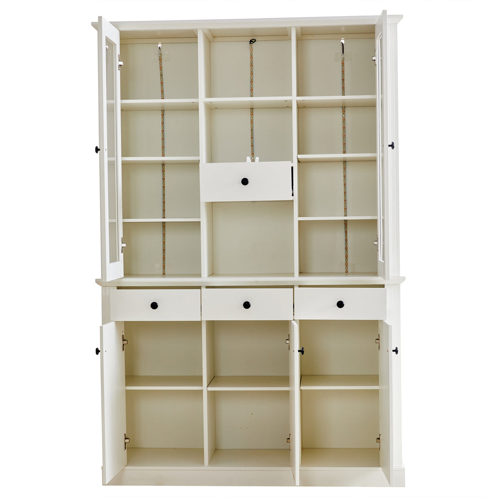 Vitrina N625P293053054055W) de 119,5*40*180cm, Vitrina de estantería con 4 cajones, Vitrinas con LED, Armario para el salón, Armario con 4 cajones y 5 puertas, Gran armario con 21 compartimientos de almacenamiento, MDF