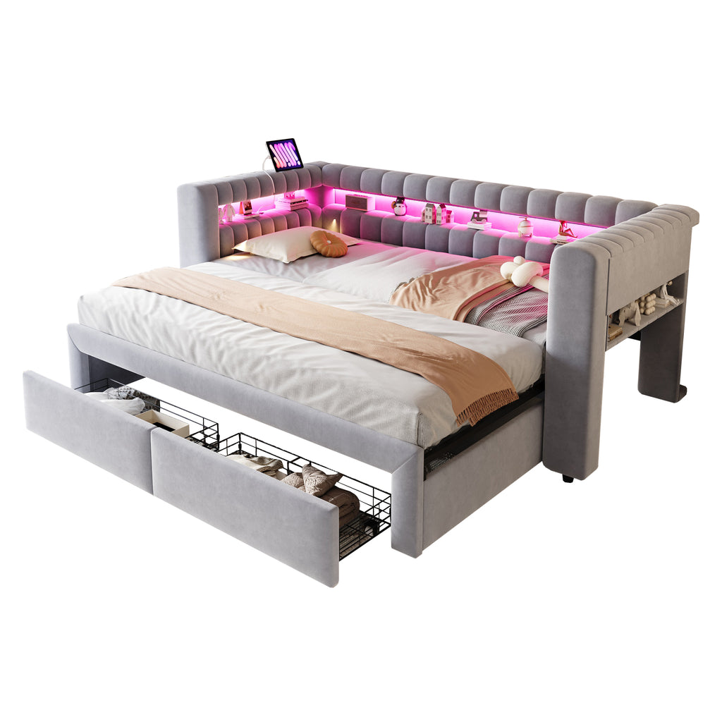 Sofá cama con cojines 90/180 × 190 cm, con cama extraíble y cajones, estantes integrados, iluminación LED, conectores USB y Typ-C, tela de seda gris claro