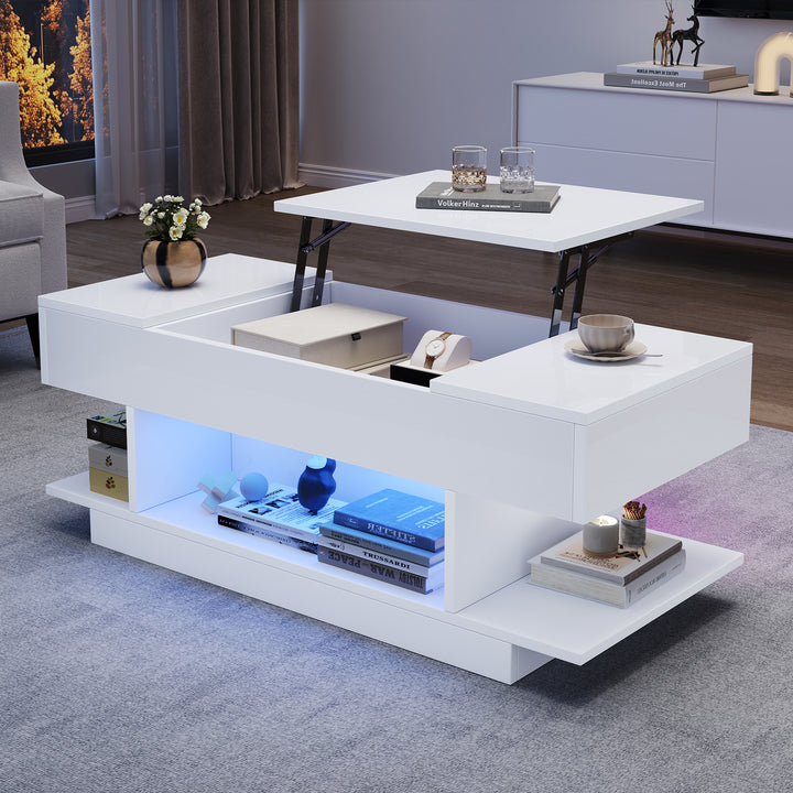 LED Light Coffee Table with Lift Top – 98×45×40 cm, White with Hidden Storage