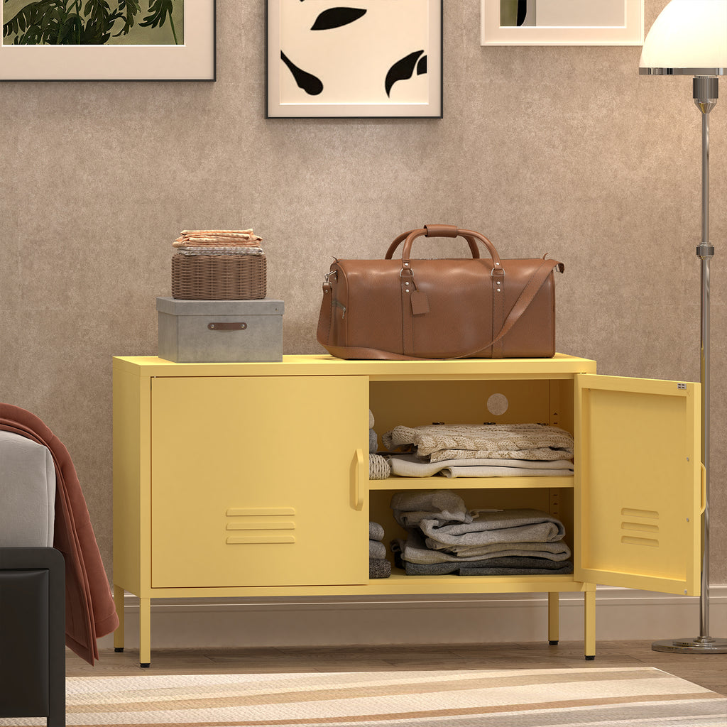 Gabineté de almacenamiento de acero amarillo con estantes ajustables, resistente al agua y fácil de limpiar, que mantiene su salón, dormitorio o entrada ordenado y organizado