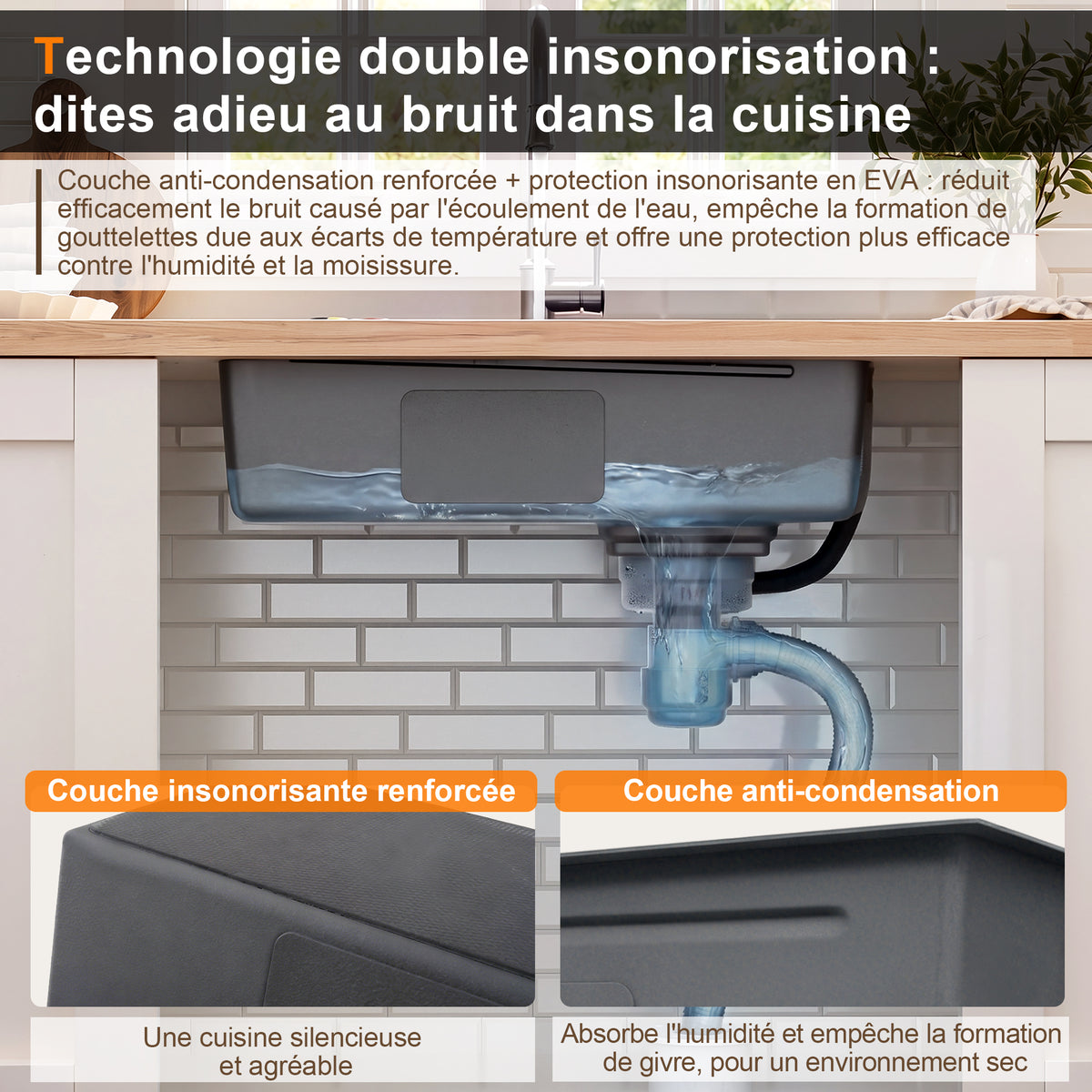 Lavabo de instalación de 75x45cm de acero inoxidable con tabla de corte, fregadero interior adicional y colador, lavabo de cocina con recubrimiento PVD, desague en cascada, construcción silenciosa y 3 tocones para accesorios
