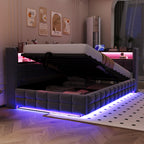 Sofa cama poltrona multifuncional 90 × 200 cm, con espacio de almacenamiento hidráulico, estante de madera, tira de luz LED, toma de corriente, conectores de carga USB y Type-C, soporte de armazón de madera, material de terciopelo gris oscuro