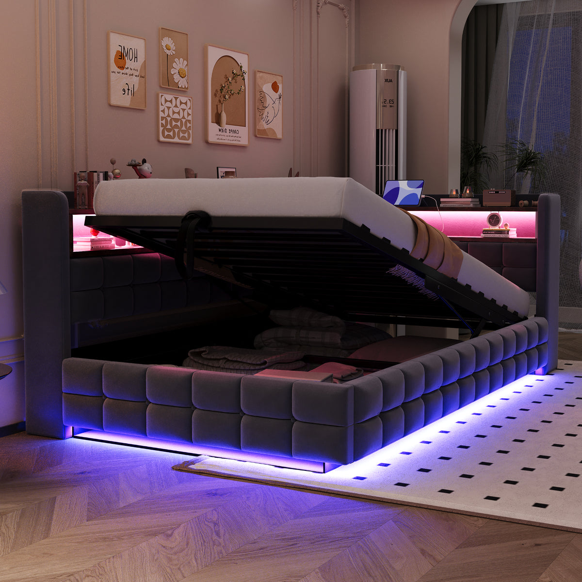 Sofa cama poltrona multifuncional 90 × 200 cm, con espacio de almacenamiento hidráulico, estante de madera, tira de luz LED, toma de corriente, conectores de carga USB y Type-C, soporte de armazón de madera, material de terciopelo gris oscuro