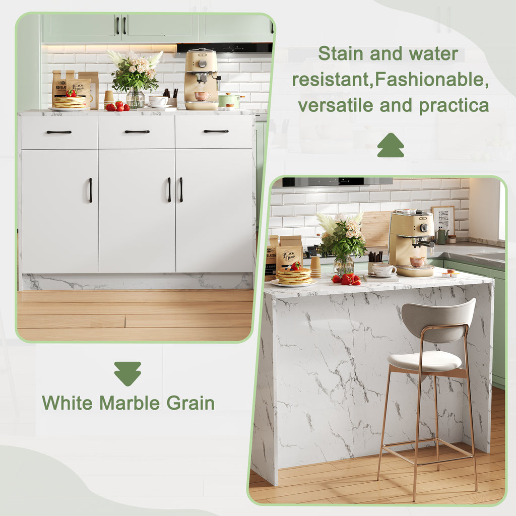 Gran isla de cocina de 120 x 60 x 90,5 cm, 3 cajones y 3 puertas, diseño de mármol blanco, soportes de empotramiento ajustables, cajones silenciosos, diseño de barbería - Accesorios para la cocina elegantes y prácticos