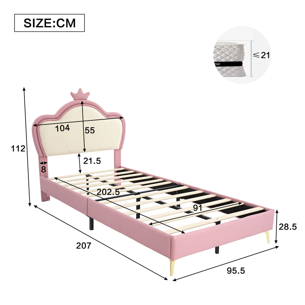 Cama de Colchón, Cama para Niños, con Bordes Suaves de Protección, Parte Superior de la Cama con Corona, Patas de la Cama de Metal, Perfil Elegante de la Parte Superior de la Cama de Colchón, Cama Individual, PU, Rosa + Blanco, 90x200cm