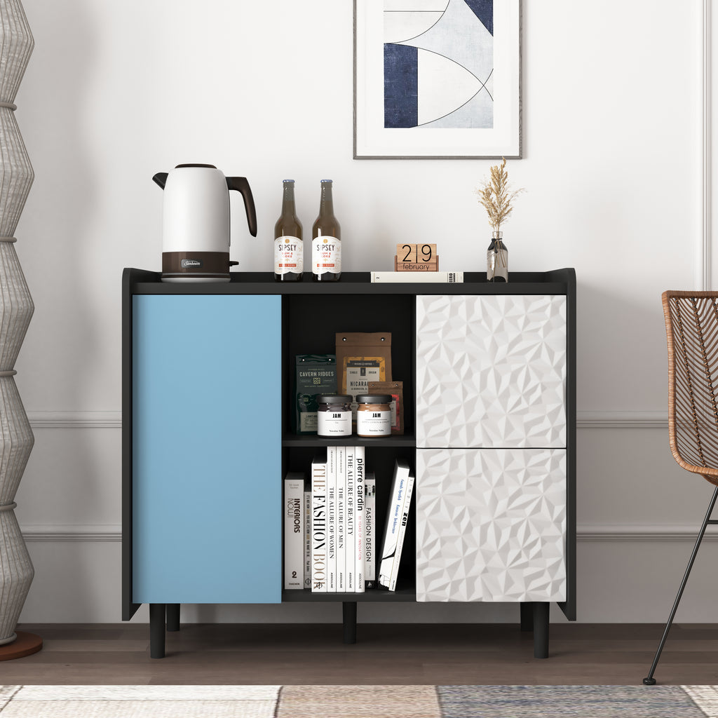 Gabinet de buffet, armario negro con puertas azules, 2 cajones con panel único y 2 compartimientos de almacenamiento abiertos, gabinete de bar de café moderno, armario de acento para la cocina, comedor