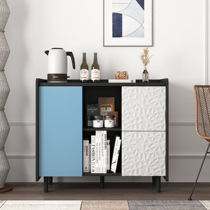 Gabinet de buffet, armario negro con puertas azules, 2 cajones con panel único y 2 compartimientos de almacenamiento abiertos, gabinete de bar de café moderno, armario de acento para la cocina, comedor