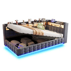 Sofa cama poltrona multifuncional 90 × 200 cm, con espacio de almacenamiento hidráulico, estante de madera, tira de luz LED, toma de corriente, conectores de carga USB y Type-C, soporte de armazón de madera, material de terciopelo gris oscuro