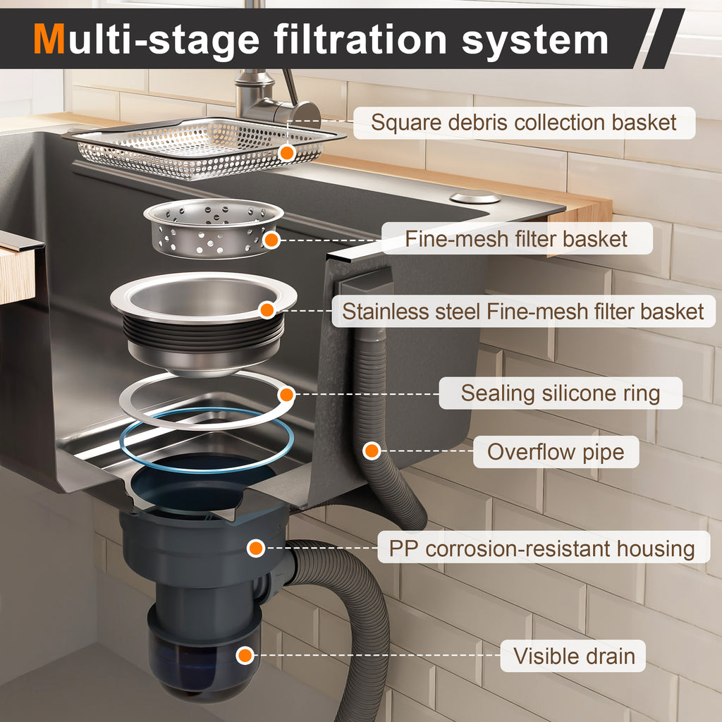 Lavabo de instalación de 75x45cm de acero inoxidable con tabla de corte, fregadero interior adicional y colador, lavabo de cocina con recubrimiento PVD, desague en cascada, construcción silenciosa y 3 tocones para accesorios