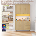 Antecabina de cocina de 183 cm, bufet, luces de decoración LED controladas por app, 2 x USB, 2 x enchufes, tableros de empotramiento ajustables, 3 cajones, asas de metal doradas, ideal para cocinas y comedores.