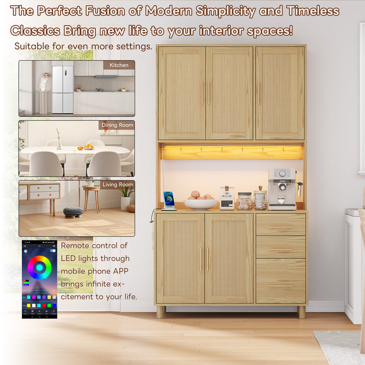 Antecabina de cocina de 183 cm, bufet, luces de decoración LED controladas por app, 2 x USB, 2 x enchufes, tableros de empotramiento ajustables, 3 cajones, asas de metal doradas, ideal para cocinas y comedores.