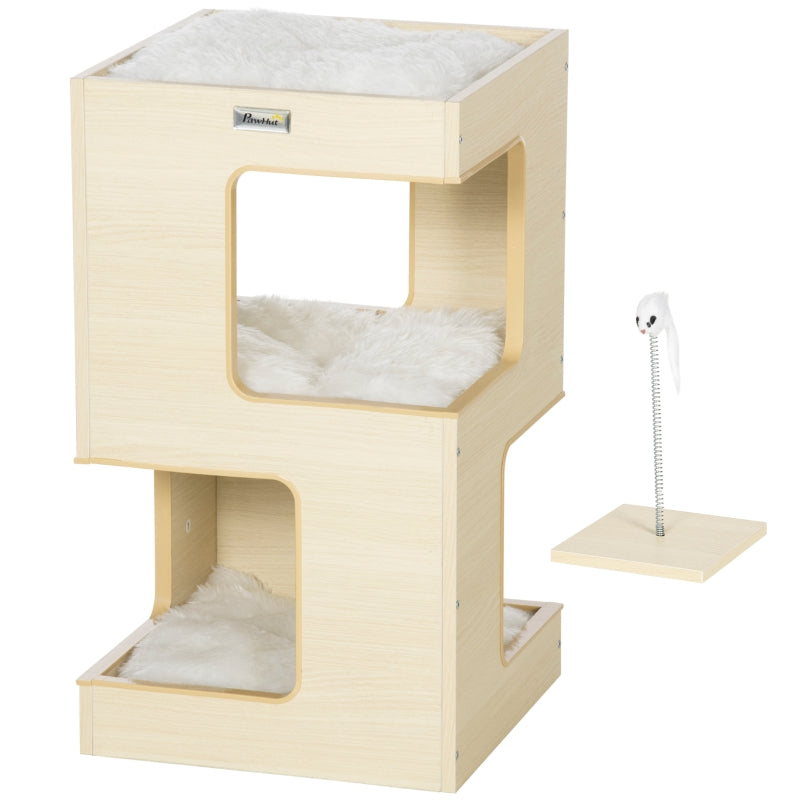 Tonera para gato, casa para gato, 2 niveles, incluye juguete, 34 cm x 34 cm x 60 cm, Natural + Gris claro