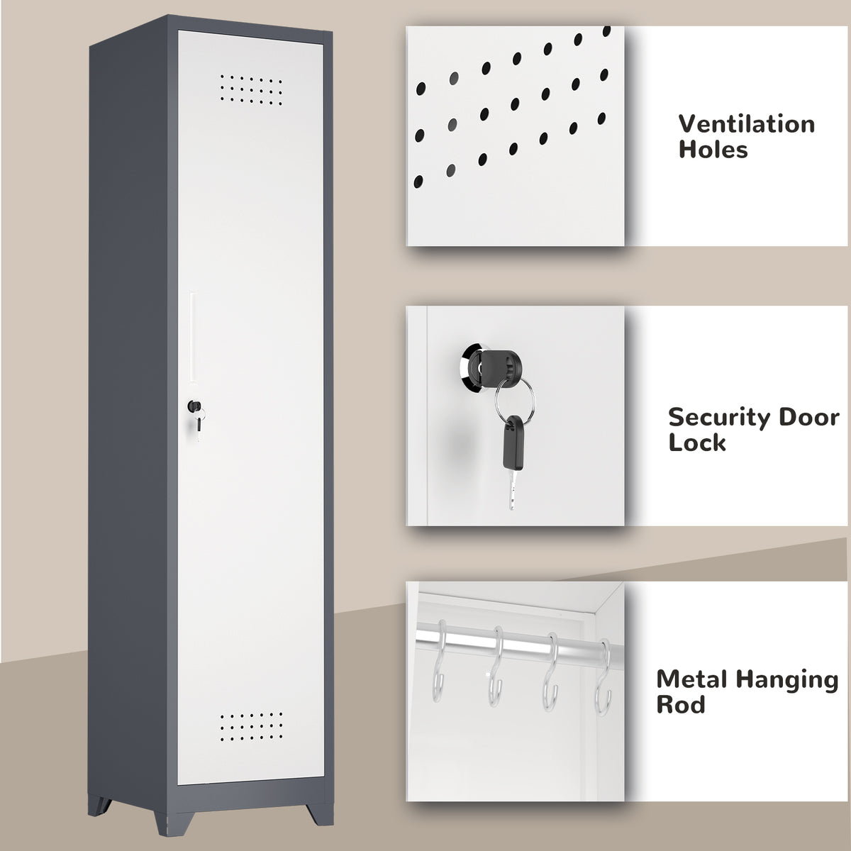 Gabinet de almacenamiento para limpieza de metal esbelto con puerta cerradora, estantes y barra de colgado, 65" de alto, organizador de utilidades para cocina, despensa, oficina, taller y garaje