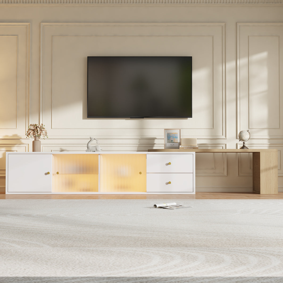 Mueble lateral para TV con iluminación LED, extensible, 2 cajones + 2 puertas correderas de cristal + 1 compartimiento, Mueble lateral para TV con espacio de almacenamiento, estante lateral, moderno, Blanco & Madera, 175×40×35,5 cm