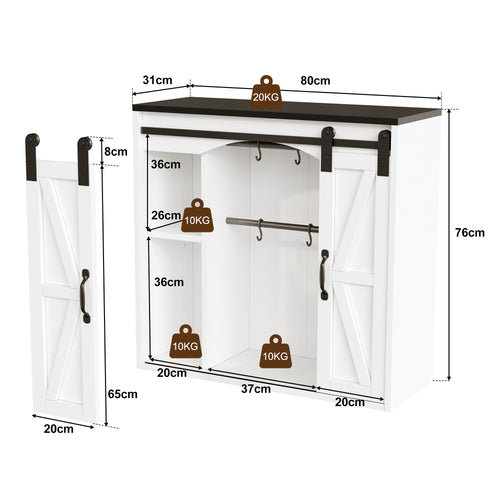 Armario de pared para la cocina con 2 puertas correderas y soportes de empotramiento ajustables, armario de pared para el almacenamiento en el salón, el baño y la lavandería, 80 × 31 × 76 cm