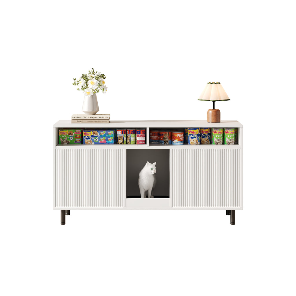 Katzentoiletten-Schrank/Katzenstreuwanne-Schrank con Alfombra de Cojín para Arena, Armario para Mascotas con Soporte, Sideboard/TV Stand para Mascotas, sin Baño para Gato, 120x50x66cm, Blanco