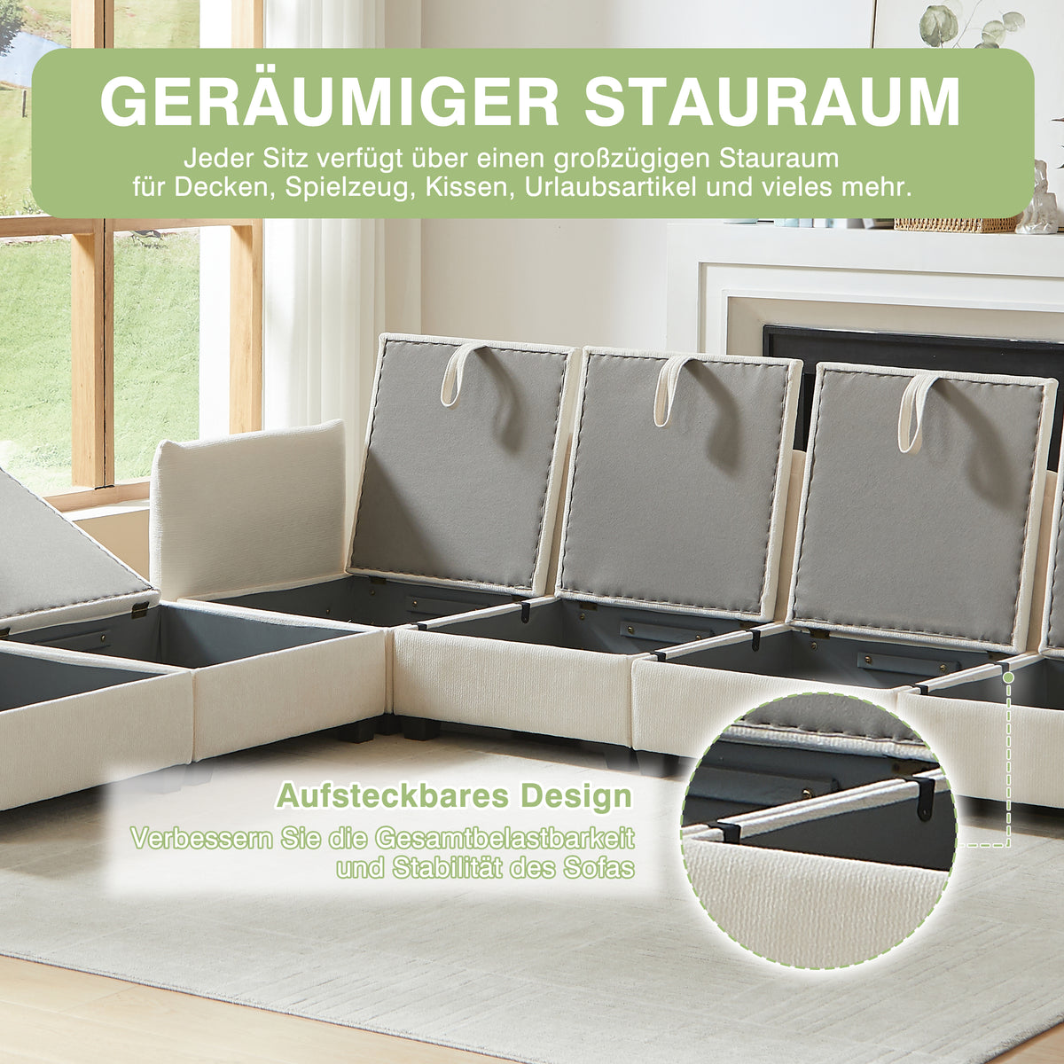Sofa en U con espacio de almacenamiento, conjunto de sofás modular, compuesto por cuatro elementos de asiento y dos taburetes, sofá moderno con cojines y cojines de brazos, tapizado de chenille, armazón de madera sólida