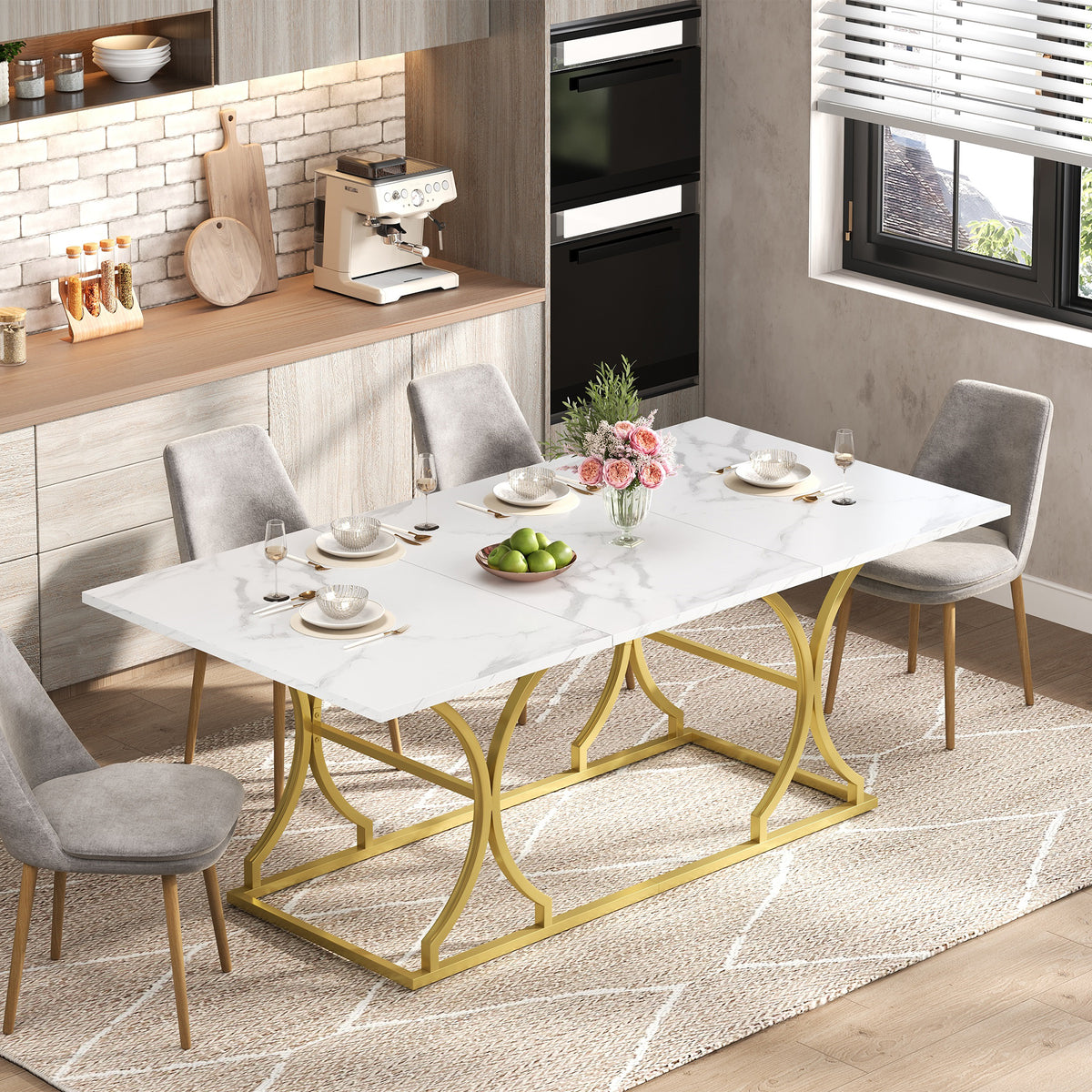 Mesa de comedor de 200×80cm, para 8–10 personas, diseño moderno en óptica de mármol, placa de mesa de 2,5 cm de espesor, resistente al agua y al arañazo, patas metálicas de color oro con correderas ajustables, adecuada para el salón y el comedor