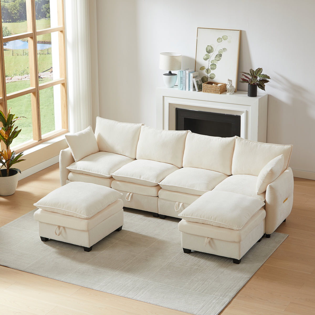 Sofa en U con espacio de almacenamiento, conjunto de sofás modular, compuesto por cuatro elementos de asiento y dos taburetes, sofá moderno con cojines y cojines de brazos, tapizado de chenille, armazón de madera sólida