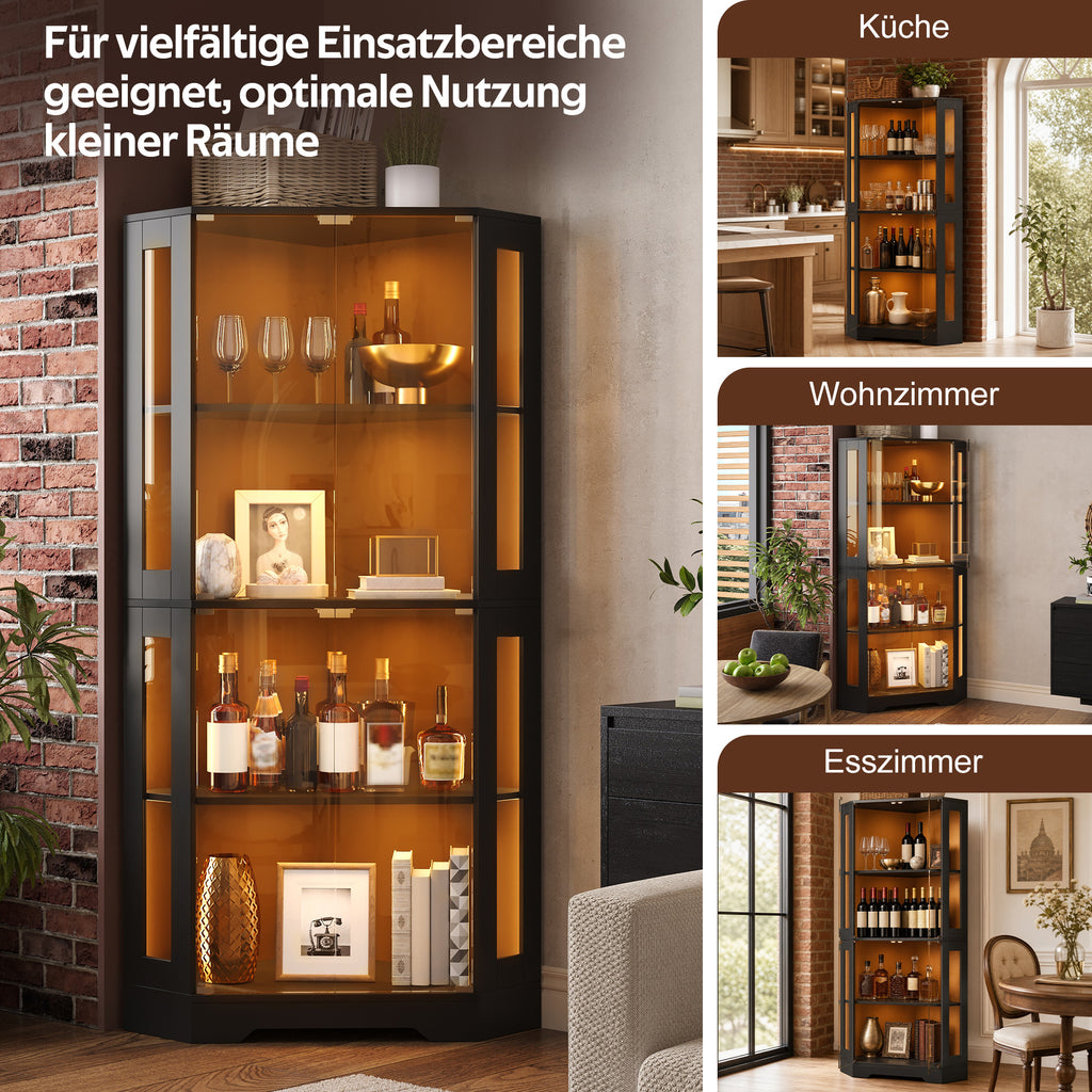 Armario vitrina de 165 cm con LED, armario lateral de cristal de seguridad de 4 niveles, moderno armario de vinos para figuras, coleccionables y vinos, para cocina y comedor