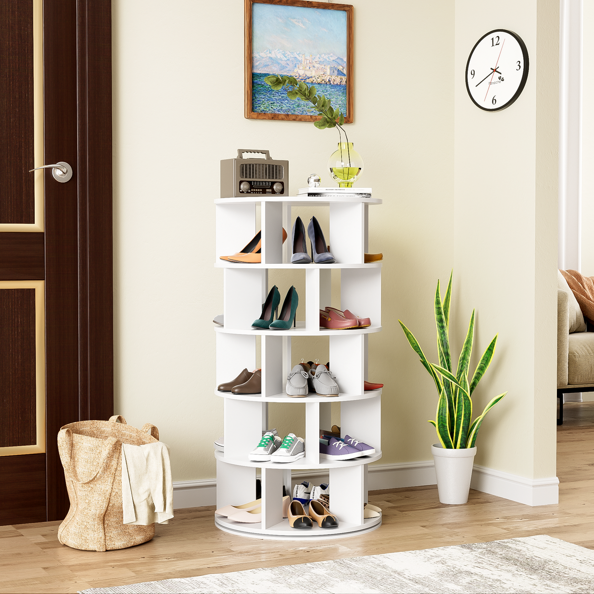 Rack para zapatos, ángulo giratorio, redondo blanco, 5 niveles, altura 115 cm, ancho 60 cm