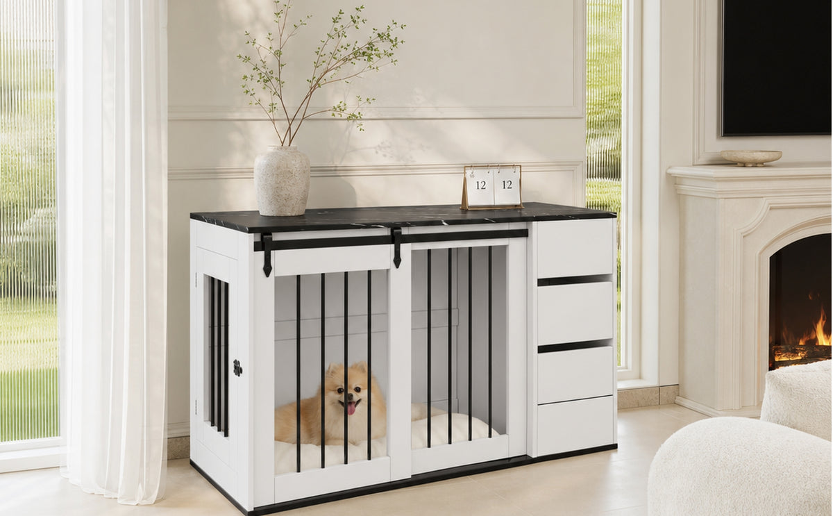 Caja para perro 2 en 1, Hoguera interior para perro, Caja para perro de madera y metal en diseño de mobiliario, como mesita de noche, para perros pequeños a medianos, 140 x 60 x 87 cm, blanca, Mesa con folio de aspecto de mármol negro