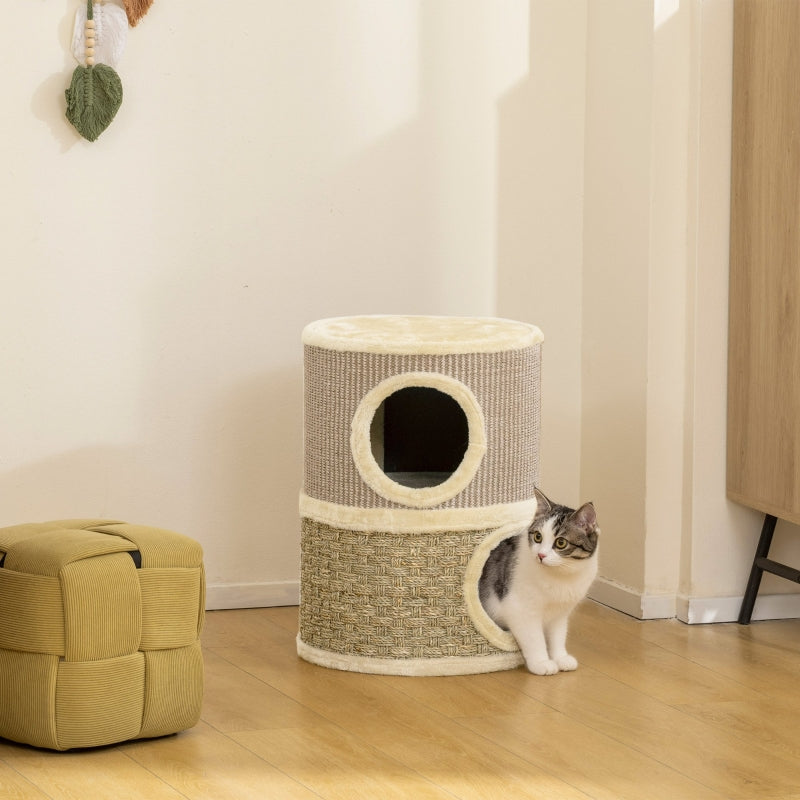 Torre de gato de 49 cm de altura, de 35,5 cm de diámetro, con dos niveles, con borde de plush y alfombra de rascar, 2 cuevas Khaki + Café