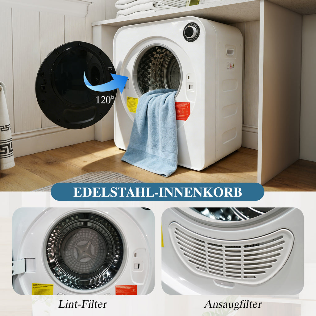 Secador de ropa de alta calidad – Calentamiento PTC en cerámica y tambor de acero inoxidable, 4 programas incluyendo función de enfriamiento, doble seguridad, montaje en pared o apilable. Caja PCM, Capacidad nominal: 3 kg (realmente 5 kg).