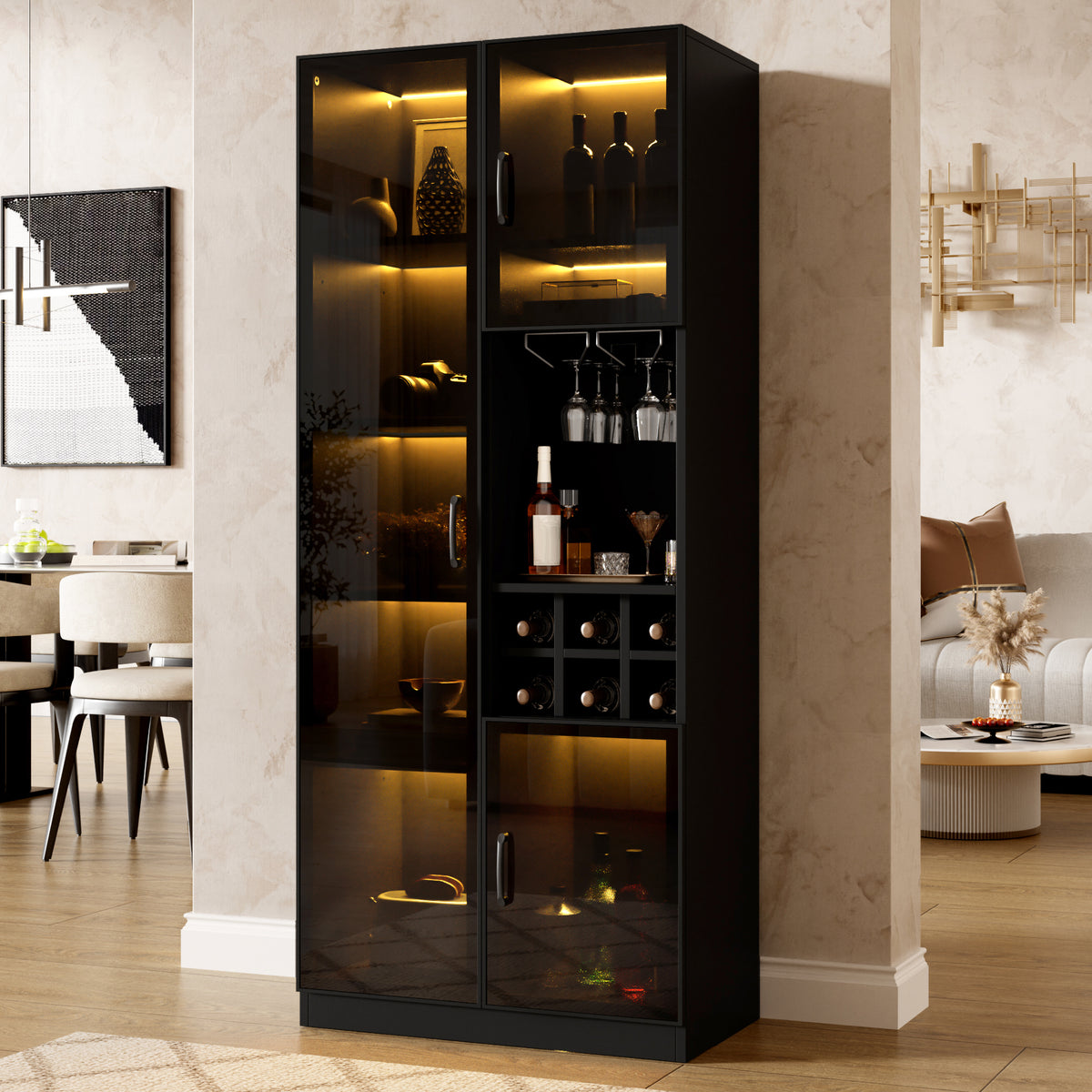 Vitrina con iluminación LED controlable por App, armario de cristal con puertas de cristal, estante para vinos y espacio de almacenamiento, armario para el salón