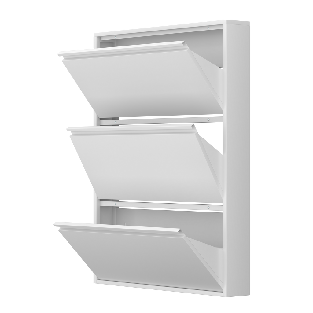 Gabinet de calzado de metal con 3 cajones volteables, organizador de calzado para la pared, estante de calzado escondido estrecho y delgado para el vestíbulo, blanco