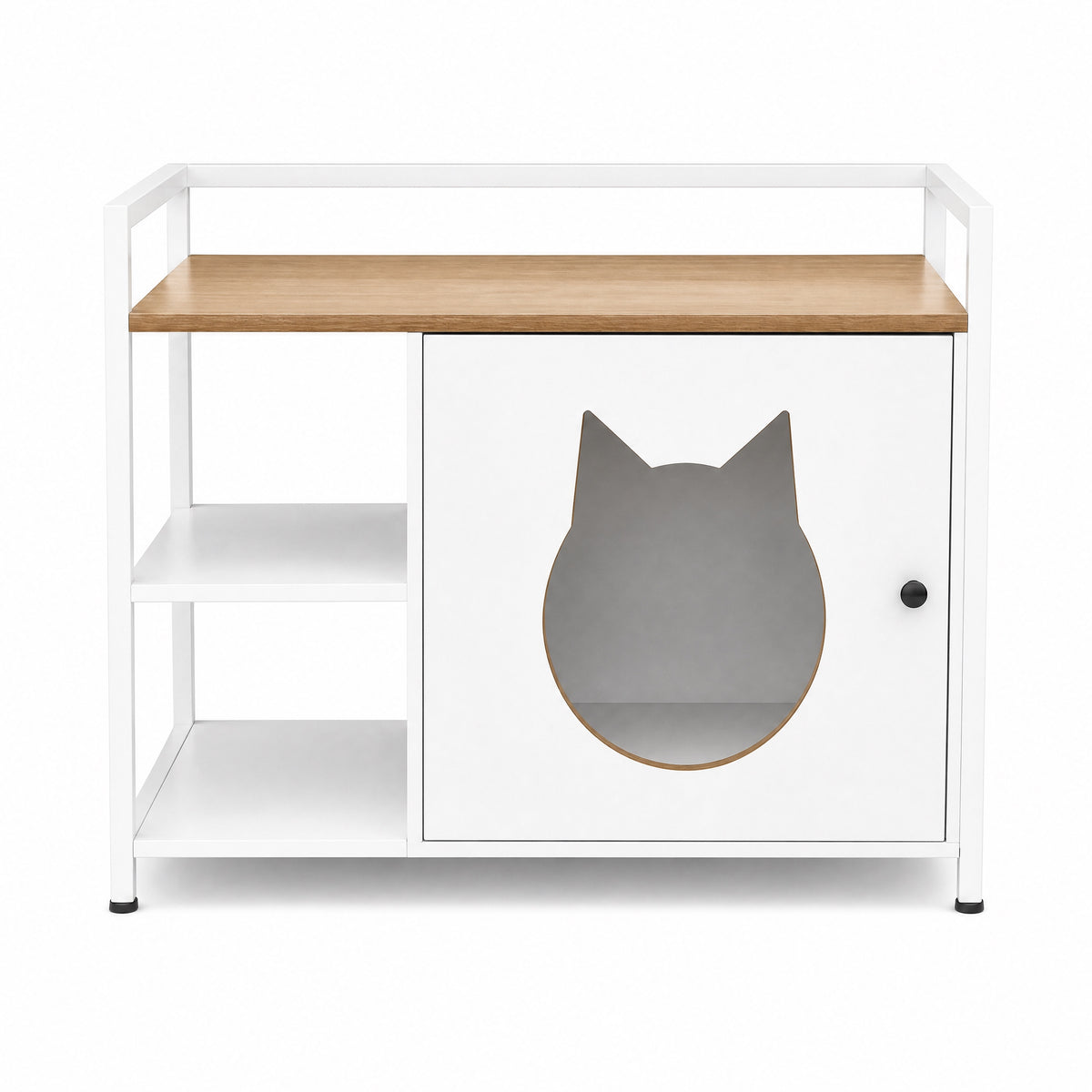 Armario multifuncional para la caja de arena de los gatos con agujero en forma de cabeza de gato, mesita de noche con 2 estantes y espacio de almacenamiento, moderno mueble para gatos para el salón y el dormitorio (blanco y madera)