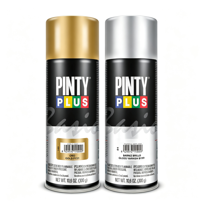 Pack Spray Pintura Oro + Barniz Brillo - 2 x 300g para Manualidades y Decoración