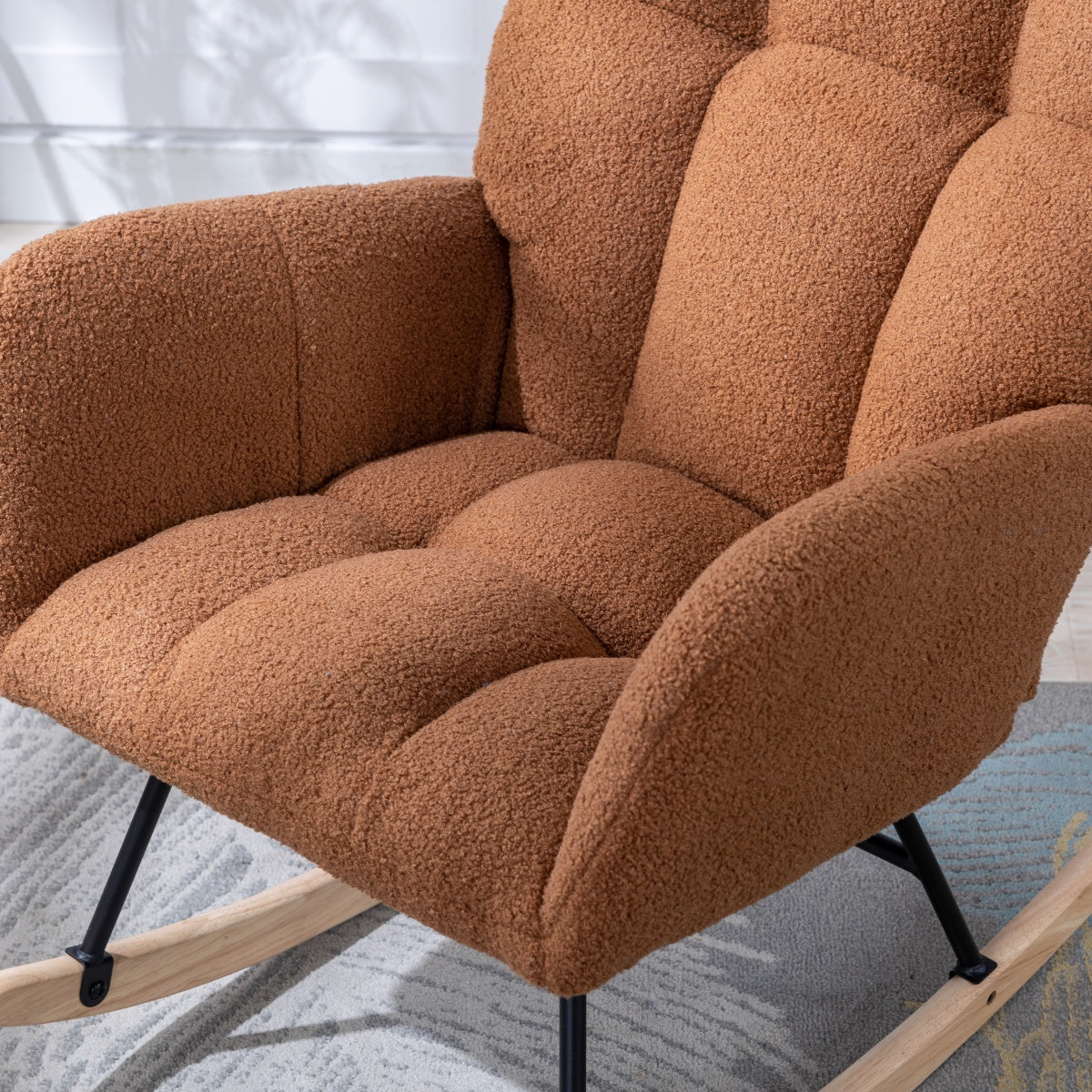 Silla de rock de tela de osito con bolsillo, Silla de rock suave para el cuarto de bebé, Silla de rock con respaldo en forma de alas cómoda con base de madera sólida segura, Sala de estar, Marrón