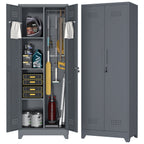 Gabinet de almacenamiento para escobas con puertas con cerradura y estantes, gabinete de almacenamiento metálico de 65" de alto con varilla de colgado y anzuelos S, gabinete de almacenamiento de herramientas de limpieza