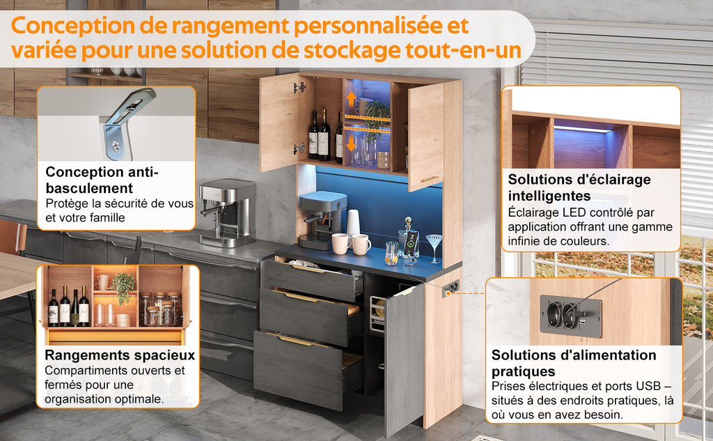 Armario alto de cocina de 100 × 40 × 180 cm, estilo betón, placa de trabajo negra, iluminación LED ajustable, toma de corriente europea, adecuado para cocinas, salones de estar, apartamentos, etc.